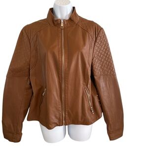 Guess Cognac Faux Leather Zip Jacket with Quilted Shoulders